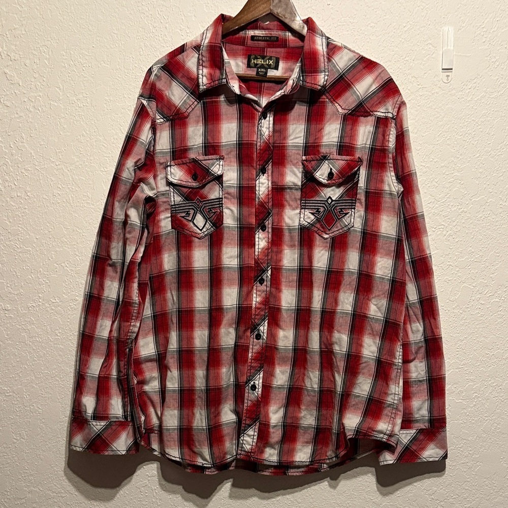 Helix Mens Plaid Long Sleeve Button Down Shirt XXL Athletic Fit Pockets Casual